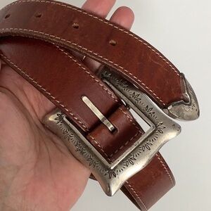 Brown Leather Belt with Silver Buckle size L western cowgirl festival bohemian